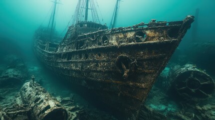 Fototapeta premium Sunken Shipwrecks in Deep Ocean Waters - Eerie, sunken shipwrecks lie undisturbed on the ocean floor, shrouded in deep, mysterious waters, evoking tales of the lost and forgotten.
