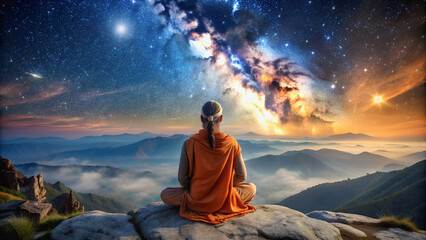 Obraz premium A mystic yogi meditates in the mountains against the backdrop of mountain peaks and a starry sky