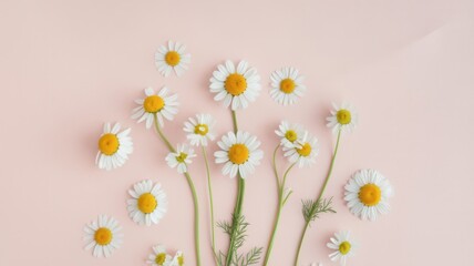 Fototapeta premium A bunch of white daisies are scattered across a pink background