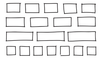 Free outline hand drawn vector squares, rectangles different sizes. Scribble rectangular frames set. Freehand square borders. Text highlight underline. 