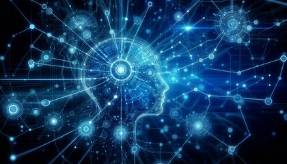 Naklejka premium Futuristic blue digital backdrop showcasing a neural network with intricate connections, highlighting the concept of artificial intelligence and brain activity.