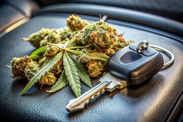 Car keys lie beside a scattered pile of cannabis leaves and a crushed bud on a car's passenger seat, emphasizing the dangers of driving under influence.