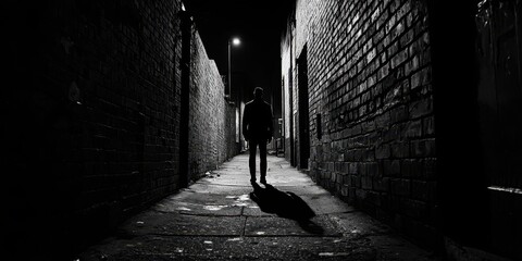 Mysterious Silhouette of Man Walking Down Dark Alleyway at Night