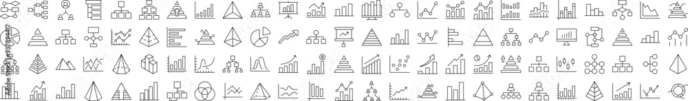 Poster pie chart, hierarchy, pyramid simple isolated line icons collection. editable stroke. suitable for w