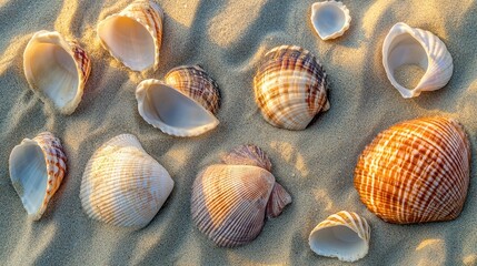 A collection of seashells arranged on a textured sandy beach. The shells vary in shape and color, partially buried in the sand, with natural sunlight highlighting their intricate details.
