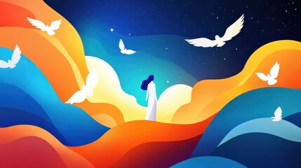 Obraz premium Discover a breathtaking flat illustration of a celestial being surrounded by graceful angels and flowing winds.