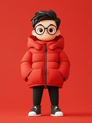 A young man in a red jacket with glasses brings a fun, cartoonstyle vibe to this vibrant halflength shot.
