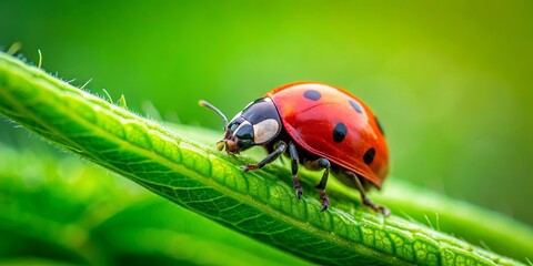 Obraz premium Macro shot of a red ladybug on a green plant background with copy space, ladybug, insect, red, green, macro, close up