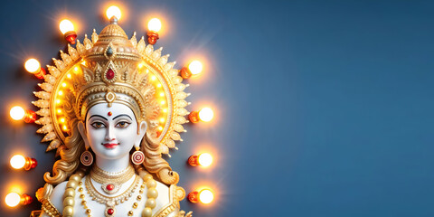 3D Goddess Durga Statue Illuminated concept as Mid shot of a statue of Goddess Durga illuminated with soft glowing lights during Dussehra with a glossy finish on the statue emphasizing the divine and 