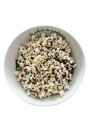 Pop corn, flakes in a wooden bowl. Sublimation.