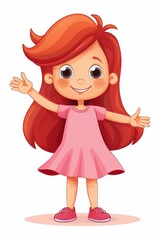 A cheerful cartoon girl with bright red hair waves joyfully, wearing a cute pink dress, spreading happiness around her.