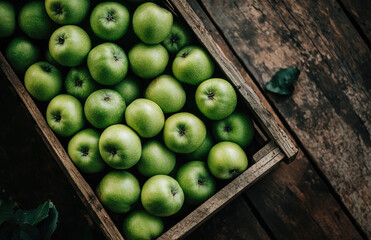 A wooden crate filled with vibrant green apples, captured from an overhead perspective on the rustic wooden table, showcases rich textures and natural lighting. . Created with Ai