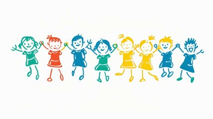 Fototapeta premium A vibrant scene with kids leaping joyfully, showcasing carefree fun in a whimsical handdrawn style on bright white canvas.