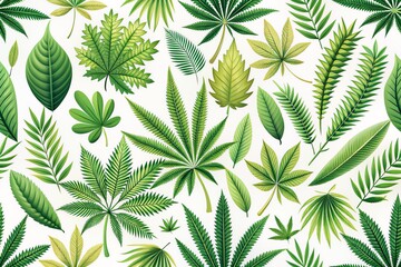 Vibrant green leaf pattern isolated on white background featuring diverse plant species like ferns, palm trees, and cannabis in a seamless vector illustration.