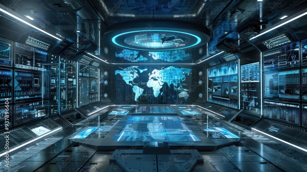Poster futuristic control room with world map display