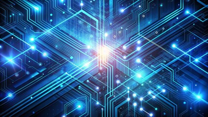 Obraz premium Abstract digital background with circuit board patterns, coding lines, and futuristic glowing elements blending together to represent computer science and technology advancements.