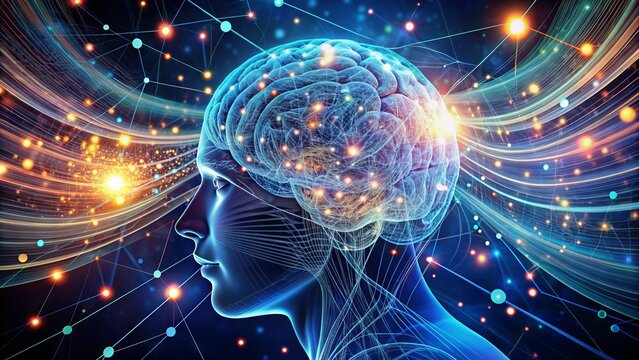 Abstract representation of machine learning concept with swirling data streams surrounding a brain, symbolizing artificial intelligence and training in a futuristic digital landscape.