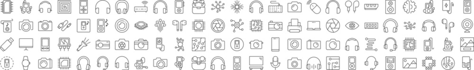 Bundle of Sound and Video Related Line Icons. Editable Stroke for Design, Web Sites, Apps, Cards. Contains Linear Images of Chip, Headphones, Camera, Memory Card