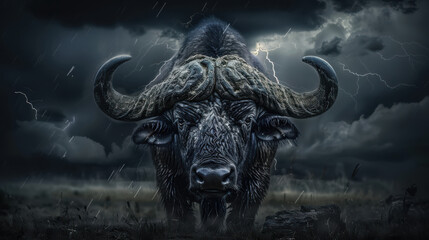 Naklejka premium A dramatic portrait of a buffalo with exaggerated, spiraling horns that twist into intricate patterns