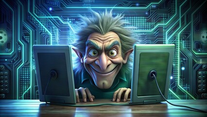A cartoon illustrated troll lurking behind a computer screen, surrounded by wires and coding symbols, with a sly grin and menacing eyes.