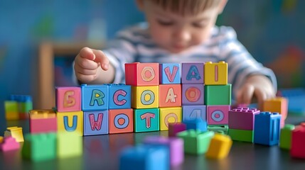 37. A child playing with a set of educational building blocks that feature letters and numbers