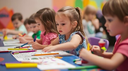 Fototapeta premium 38. A group of children creating artwork with large, washable crayons and coloring books