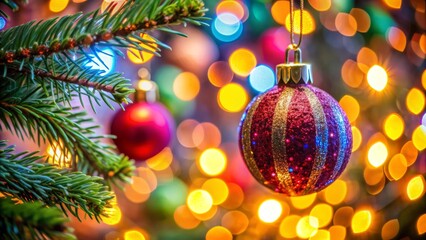 A Close-Up Image Of A Colorful Christmas Ornament Hanging On A Tree Branch, With A Blurred Background Of Twinkling Lights.