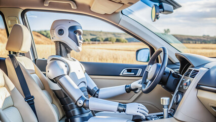 Obraz premium A robot sits behind the wheel of a car in a field, viewed from the side. 