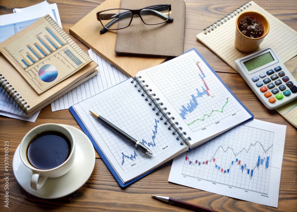 Poster a cluttered desk with an open notebook filled with handwritten notes and graphs, surrounded by calcu