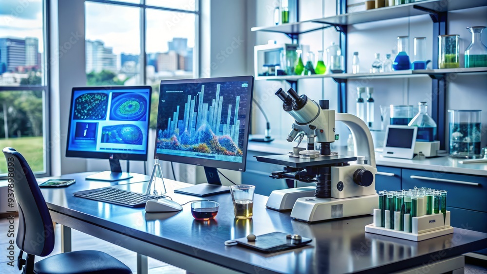 Poster a cluttered laboratory workstation with various scientific equipment, microscopes, and a computer di