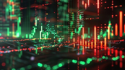 Abstract data visualization of financial markets with glowing green and red graph lines representing stock performance trends.