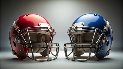 Fototapeta premium Two American football helmets facing each other , competition, rivalry, sports, equipment, headgear, clash