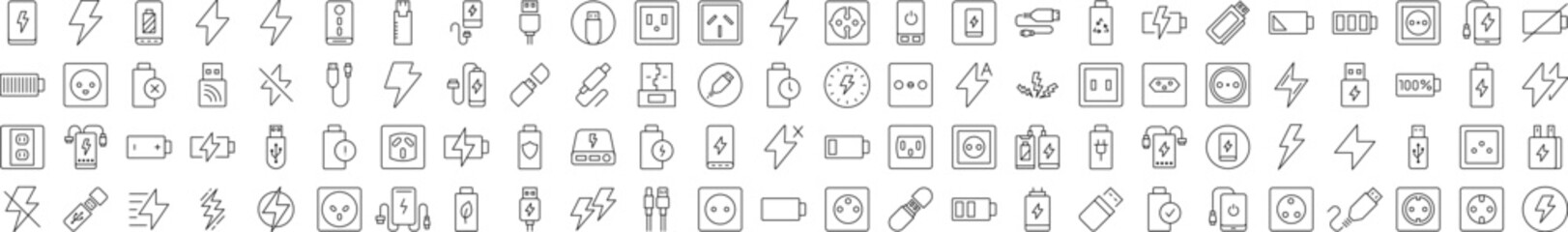 Fototapeta premium Energy Line Icon Bundle. Modern Collection for Design, Web Sites, Apps, Cards. Contains Linear Images of Battery, USB Cable, Charger, Outlet