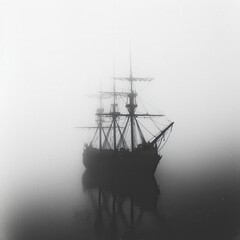 Obraz premium Ship Silhouette in Foggy Sea