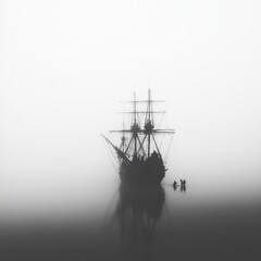 Silhouette of a Ship in Fog  Ocean  Nautical  Seascape  Misty  Black and White