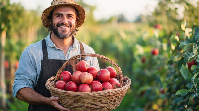 Happy farmer holding basket of apples in apple orchard - Powered by Adobe