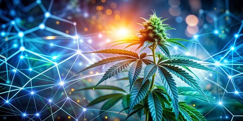 Vibrant cannabis plant stands amidst glowing chemical structures, representing breakthroughs in medical marijuana research and the innovative pursuit of therapeutic potencies and treatment options.