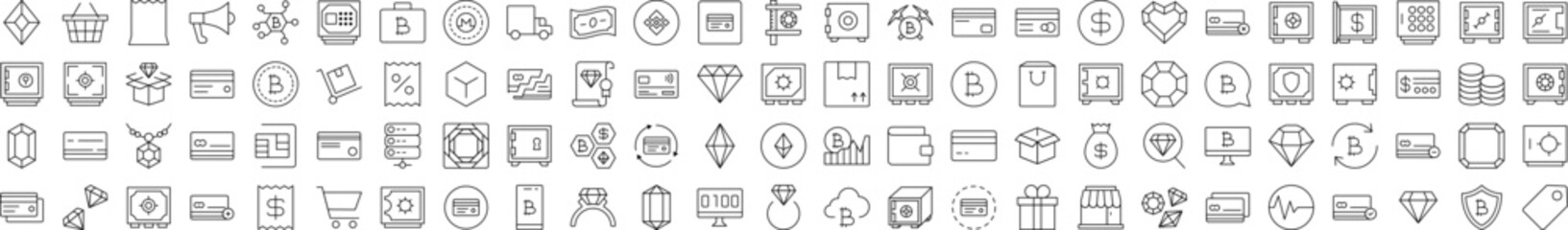 Banking and Money Line Icon Bundle. Modern Collection for Design, Web Sites, Apps, Cards. Contains Linear Images of Shopping Cart, Bank, Diamond