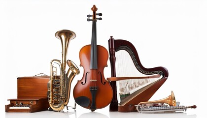 Transparent background vintage musical instruments.