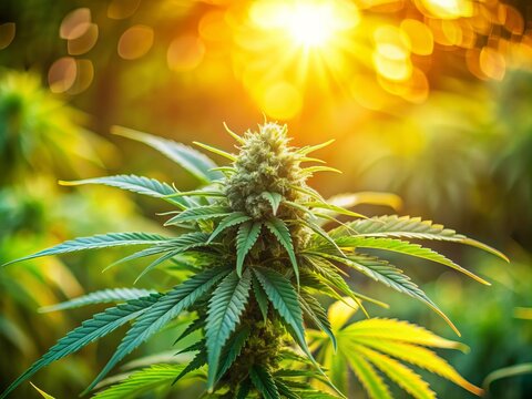 A close-up shot of a blooming cannabis plant with vibrant green leaves and dense buds, against a blurred natural outdoor background with warm sunlight.
