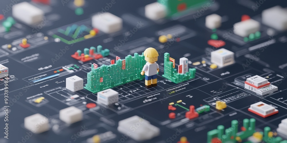Poster d illustration of miniature worker analyzing data and charts on a digital interface