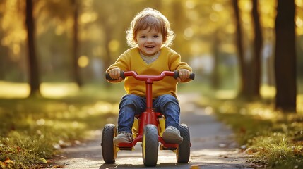 8. A child riding a bright red tricycle in a park, smiling and enjoying the ride