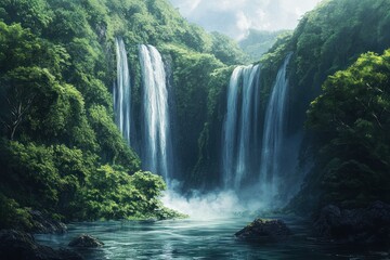 Fototapeta premium A Serene Waterfall Cascading into a Tranquil Pool in a Lush Green Forest