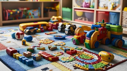 11. A vibrant assortment of educational toys and puzzles on a playroom floor