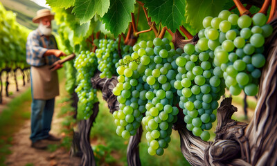 Grüne Weintrauben hängen an einem Rebstock