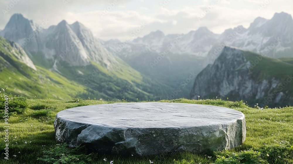 Poster abstract 3d render platform and mockup natural background stone podium on the grass field backdrop m