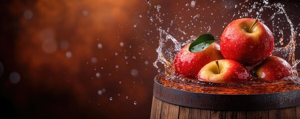 Apple Bobbing in a wooden barrel, with fog rolling around, warm amber tones and cool mist, realistic water splash and apple texture