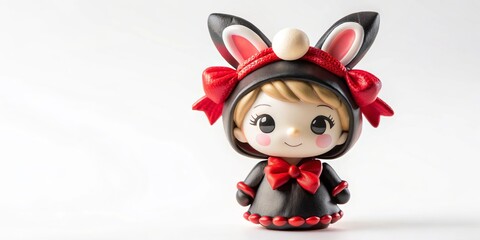 Fototapeta premium Adorable bunny girl figurine in a black jester hat and red bow, isolated on a white background, perfect for kids and fans of cute characters.