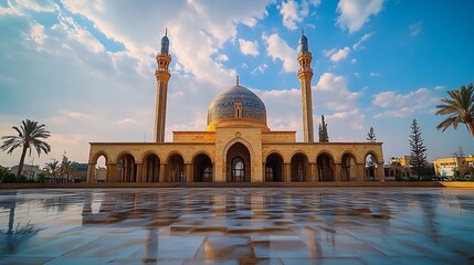 Umm AlTabbul Mosque In Baghdad Iraq with beautiful cloud blue sky : Generative AI © The Little Hut