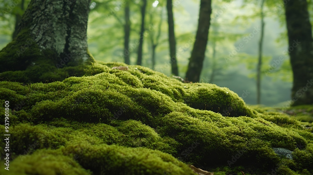 Aufkleber close up lush green moss envelops the trees in the mystical woods of torla in ordesa national park s